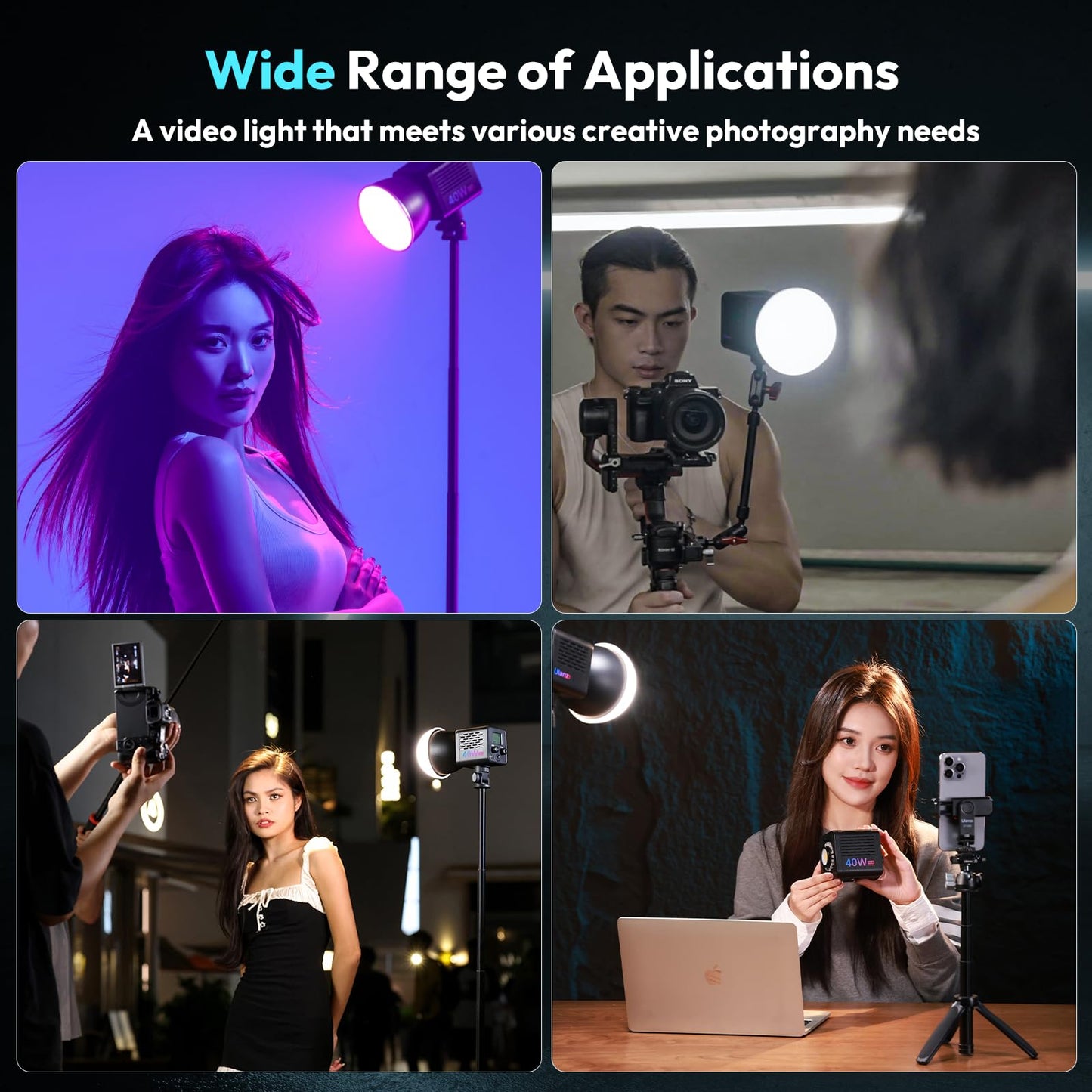 ULANZI 40W Pro RGB Portable LED Video Light w DC Power Adapter, 3400mAh Build-in Battery Metal Mini Adjustable Color Temperature COB Continuous Output Lighting Handheld Spotlight 2500K-6500K for Video