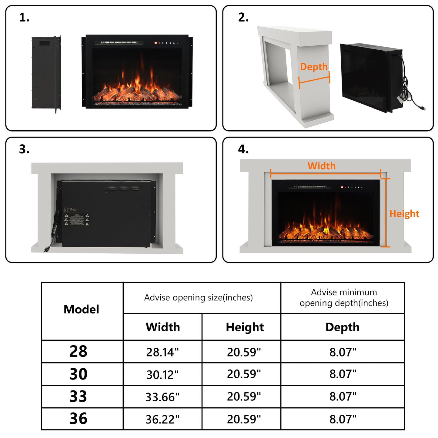 Oxhark Flame 28 in Wall Mounted & Recessed Electric Fireplace Inserts, Electric Fireplace Heater with Remote Control, 6 Levels Brightness, 9H Timer, Black, 1500W/750W