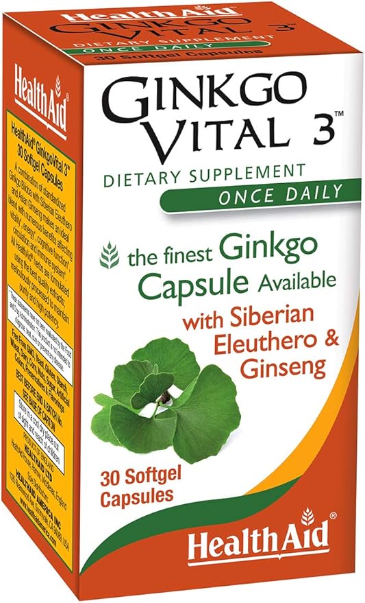 Ginkgo Vital 3 with Siberian Eleuthero and Ginseng, Once Daily, 30 Softgel Capsules, Helps Increase Blood Circulation and Promote Mental Clarity, Alertness, and Focus