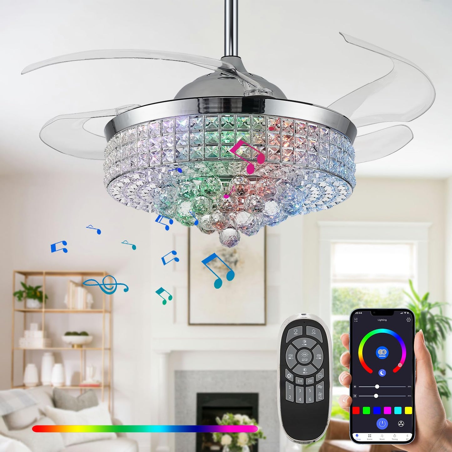 Zynfandor 42” Bluetooth Ceiling Fan with Light and Speaker,RGB Retractable Blades Crystal Fandelier Music Player LED Chandelier 6-Speed APP Control Timer Remote Control for Bedroom Silver