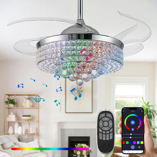 Zynfandor 42” Bluetooth Ceiling Fan with Light and Speaker,RGB Retractable Blades Crystal Fandelier Music Player LED Chandelier 6-Speed APP Control Timer Remote Control for Bedroom Silver
