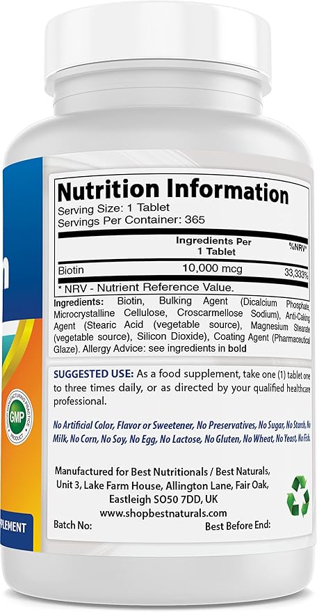 Best Naturals Biotin (Also Called Vitamin B7), 10,000 mcg 365 Tablets (365 Count (Pack of 1))