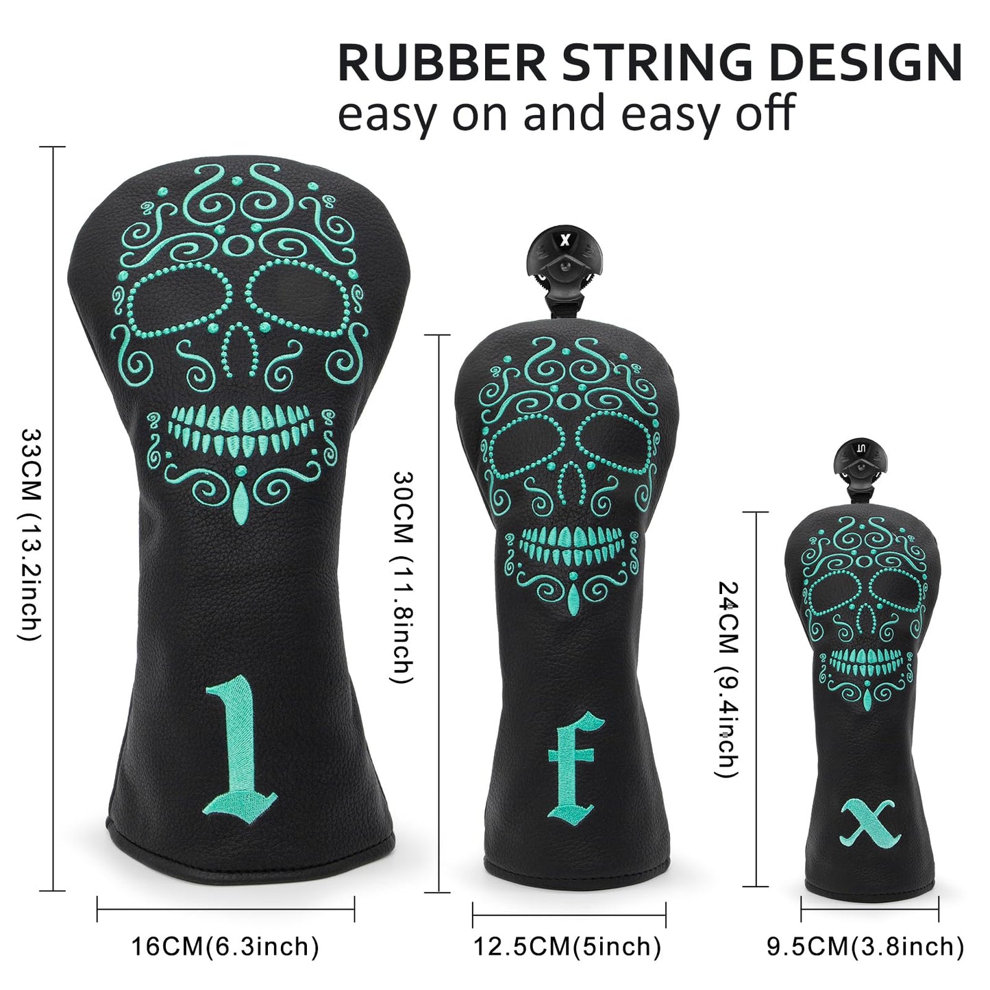 Black Golf Club Covers Skull Embroidery Driver Headcover Fairway 3 Wood Headcover Hybrid Headcover for Your Selection fits for All Brands (for 1 F H(3pcs))