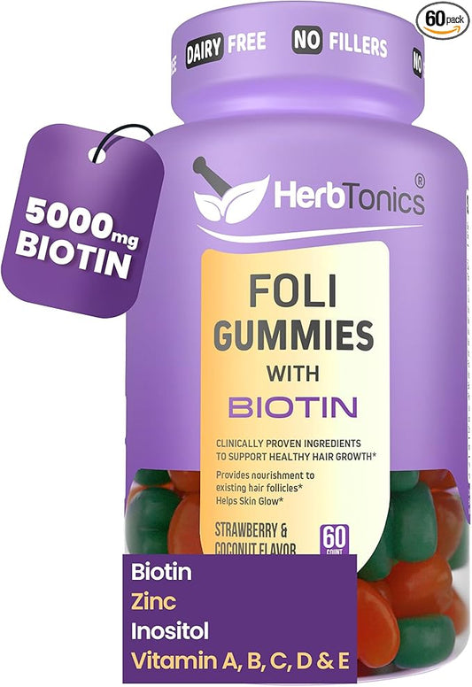 Herbtonics Foli Biotin Gummies with Hair Vitamins | Hair Growth Supplement for Women & Men | Hair, Skin and Nails Vitamins Sugarfree Gummies for Women | 60 Count