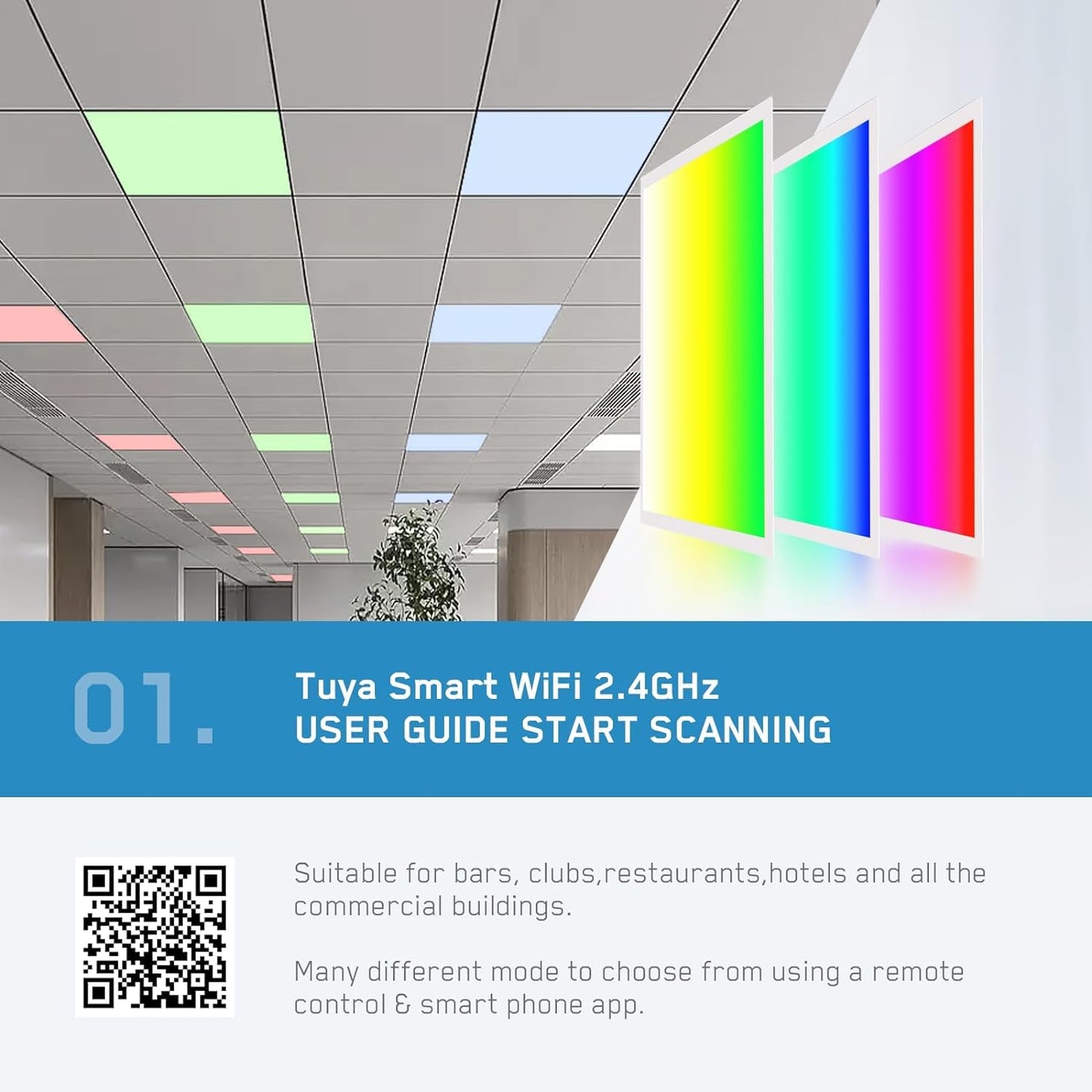 2x2 FT LED RGBW 5000K Multicolor Flat Panel Light Remote & App Controlled 40W 4400lm Color Changing LED Panel Light Smart Wi-Fi Drop Ceiling Light with Alexa/Google Assistant (4 Pack)