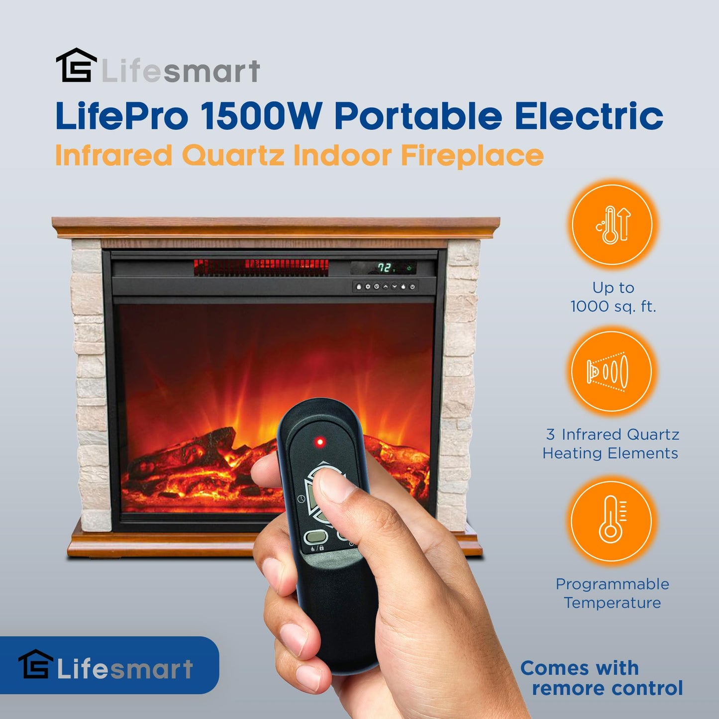LifeSmart Electric Fireplace Heater w/ 3 Heating Elements, 1500W, Faux Stone & Oak Wood - Mounted Indoor Infrared Heater for Home, Bedroom, and Living Room