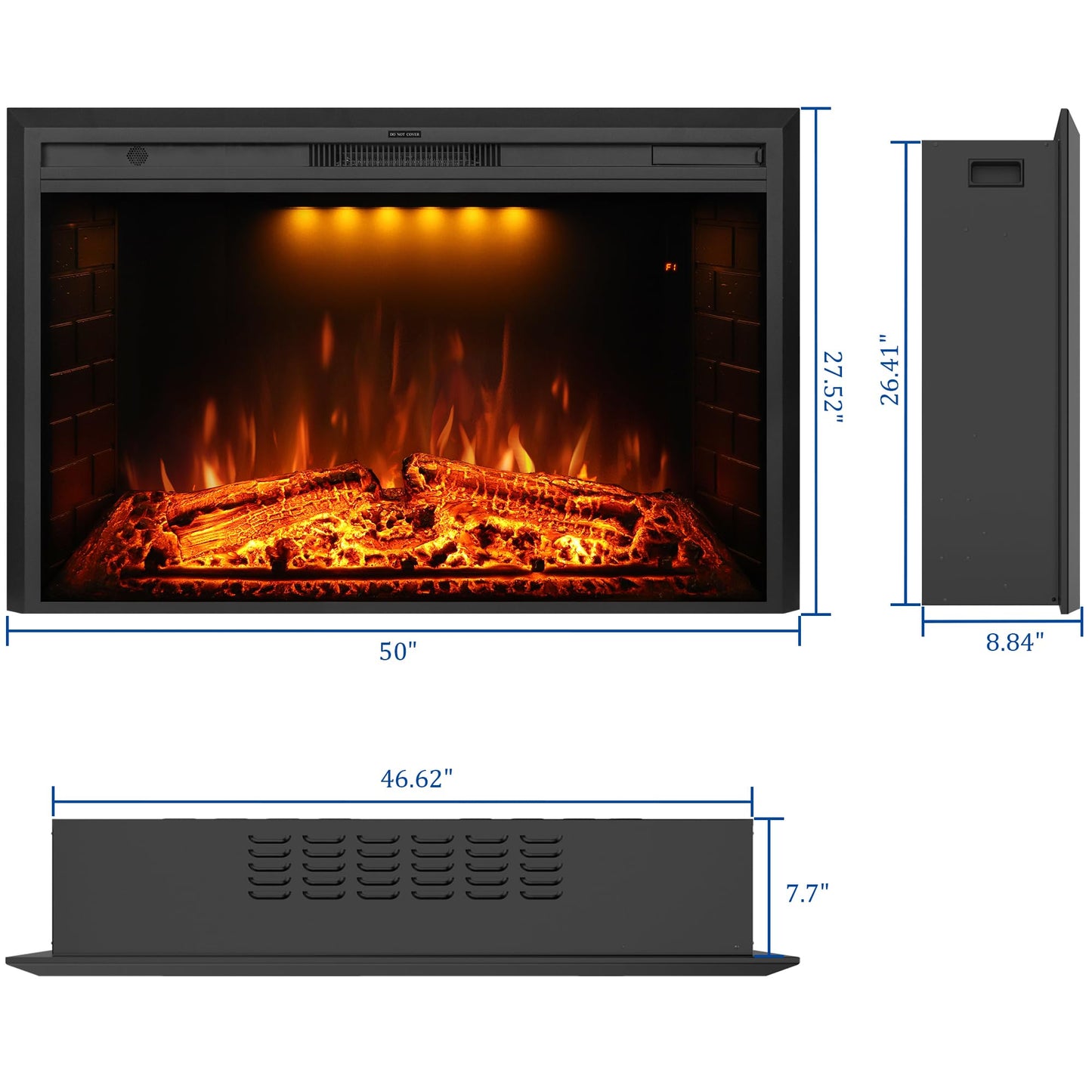 Dreamflame 50 inch Electric Fireplace, Wall Fireplace Electric with Remote Control, Realistic Log and Crackling Sound, Overheating Protection and Timer, 750/1500W Black