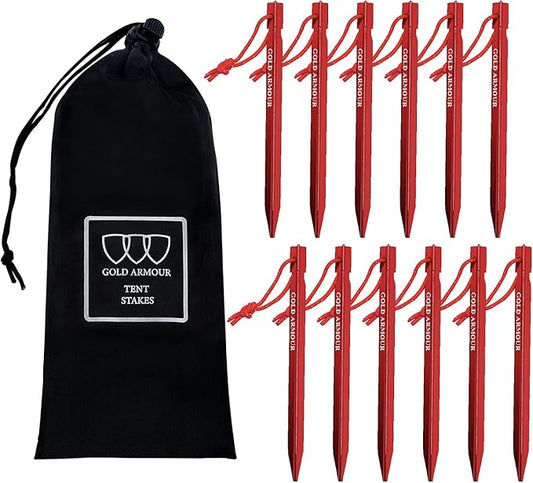 Gold Armour Tent Stakes - 12 Pack Heavy Duty, Lightweight, Camping Stakes Pegs for Outdoor Tent and Tarp, Essential Camping Gear Equipment Accessories (Red)