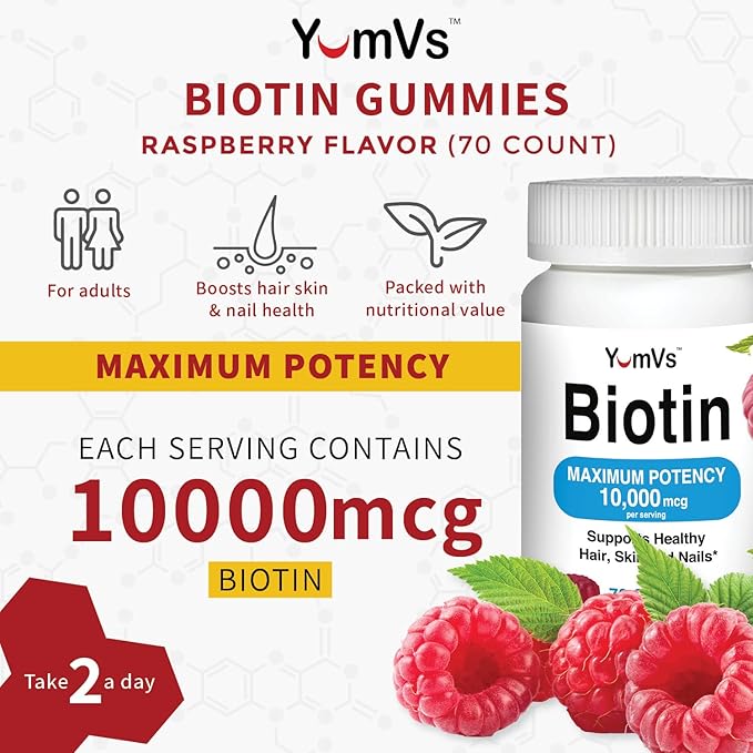 Biotin 10000 mcg Maximum Potency Gummies by YumVs | for Adults Women & Men | Hair, Skin & Nails Support | Natural Raspberry Flavor - 70 Count