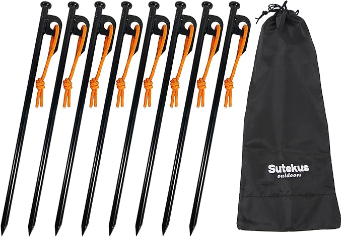 Sutekus Metal Tent Stakes with Reflective Pull Cord Heavy-Duty Forged Steel Tent Pegs Solid Tent Anchors and Camping Spikes for Camping Hiking Outdoors (12"/8PCS)