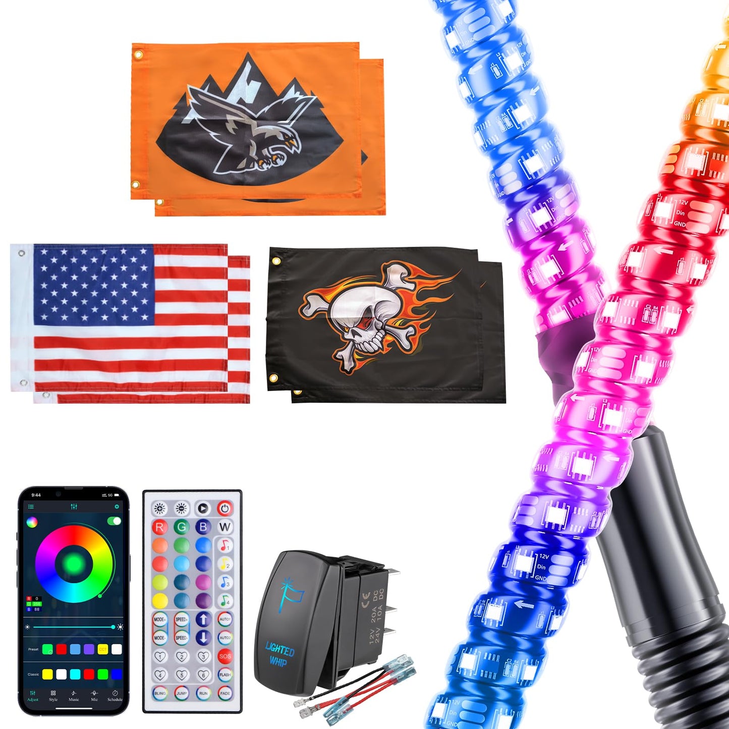 2 Pack 5FT Music Whip Lights - 366+ Chasing Modes RGB Lighted Whips with APP & Remote Control, Rocker Switch, Nylon Flags & Spring Base for UTV ATV Polaris RZR Can-Am SXS Truck