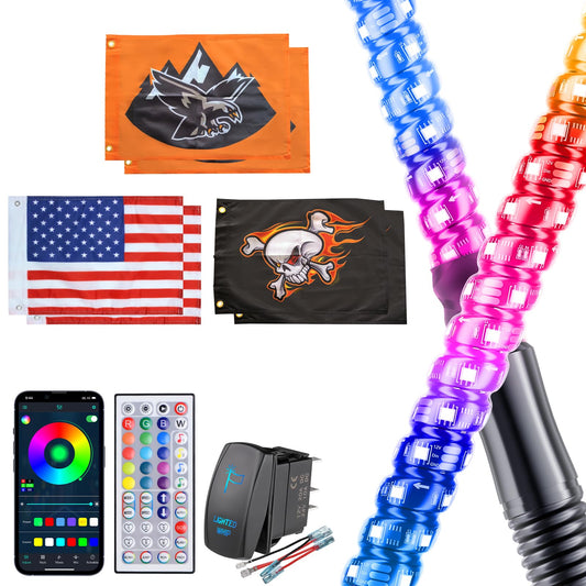 2 Pack 5FT Music Whip Lights - 366+ Chasing Modes RGB Lighted Whips with APP & Remote Control, Rocker Switch, Nylon Flags & Spring Base for UTV ATV Polaris RZR Can-Am SXS Truck