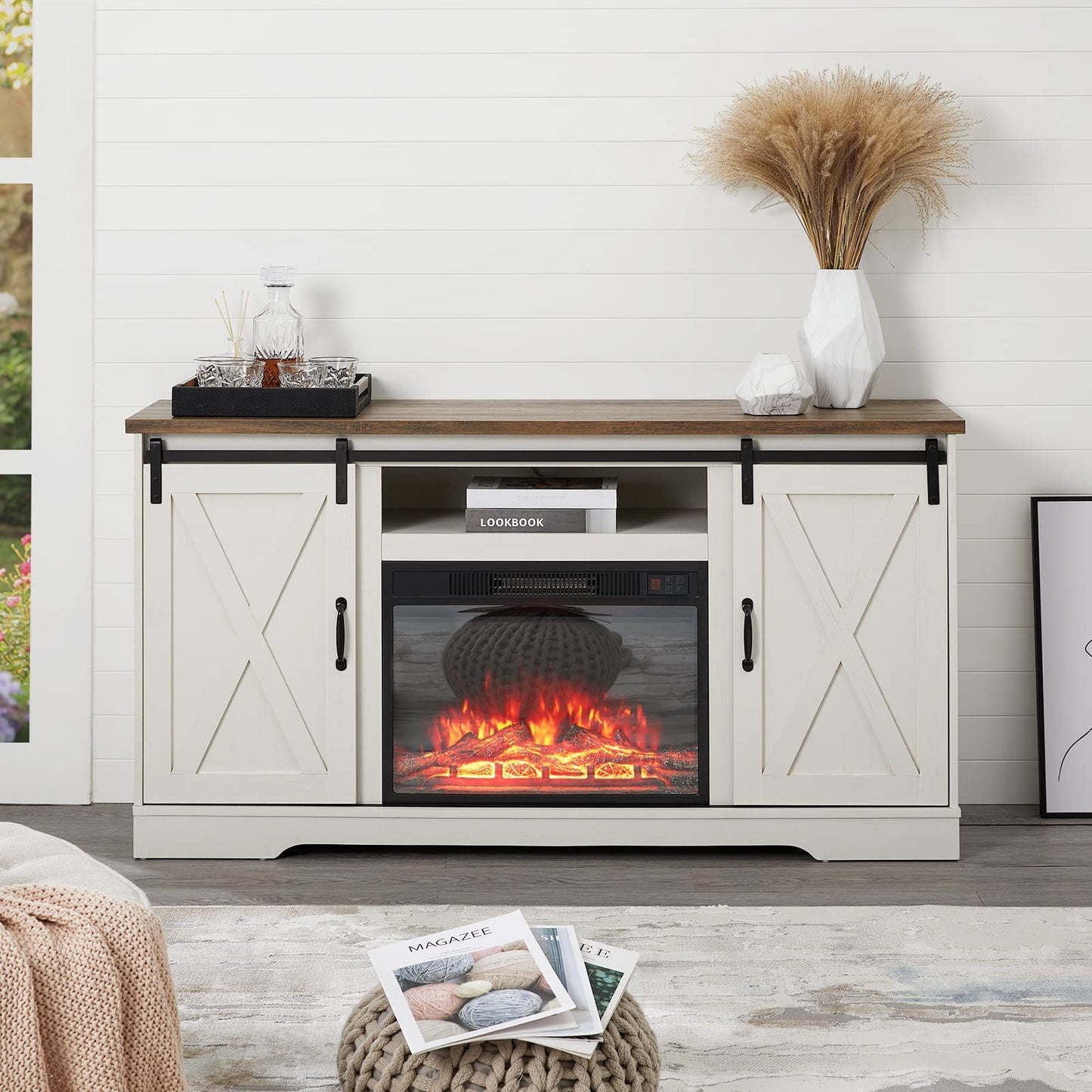 AMERLIFE Fireplace TV Stand with Sliding Barn Door for TVs up to 65", Farmhouse 59" Fireplace Entertainment Center with Storage Cabinets/Adjustable Shelves, Distressed White & Barnwood