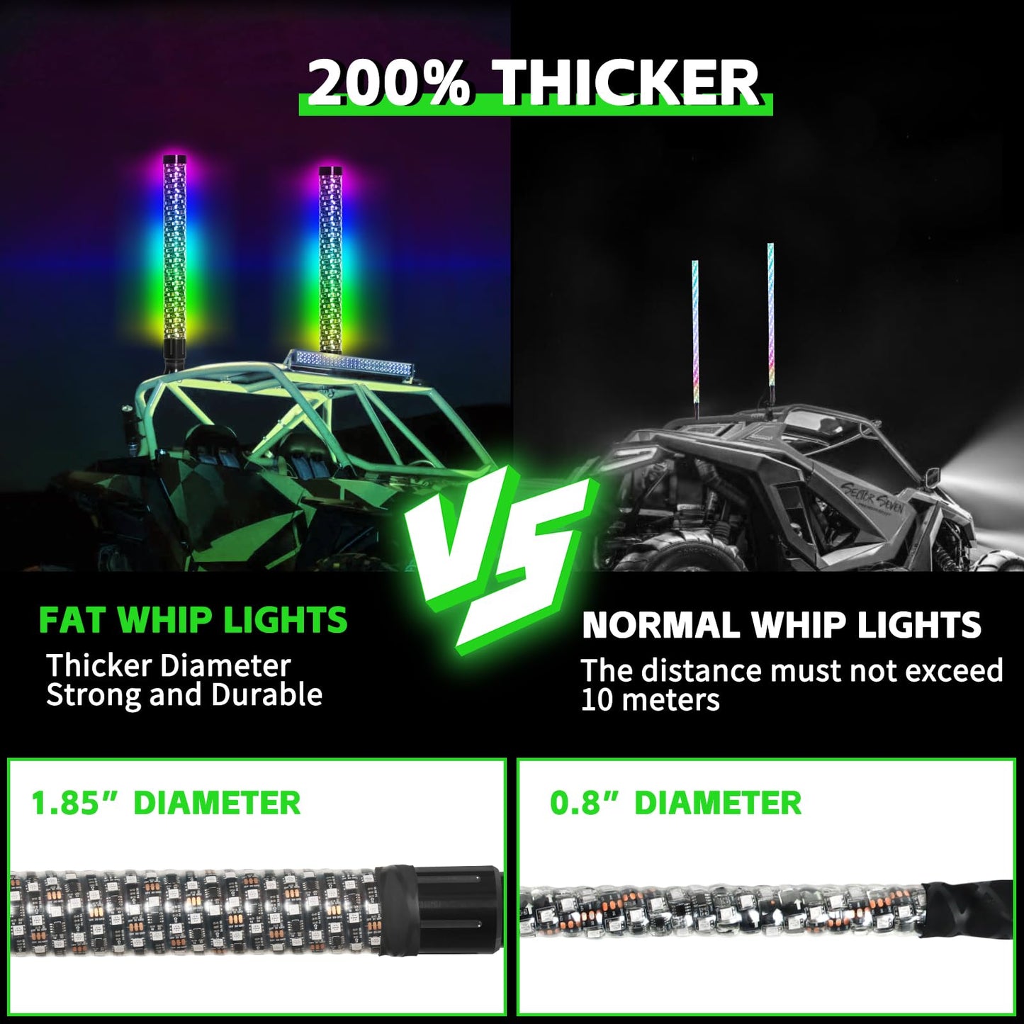 2PCS 2FT Fat Whip Lights with Function-Remote&APP Control Compatible with UTV ATV RZR Polaris Buggy Offroad Truck Accessories RGB Chasing Dancing Lighted Antenna Whips