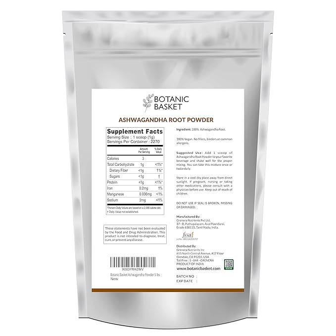Botanic Basket Ashwagandha Root Powder 5 Pound, No Filler, No Additives, Highly Purified | Active Withanolides, No GMO, Gluten Free