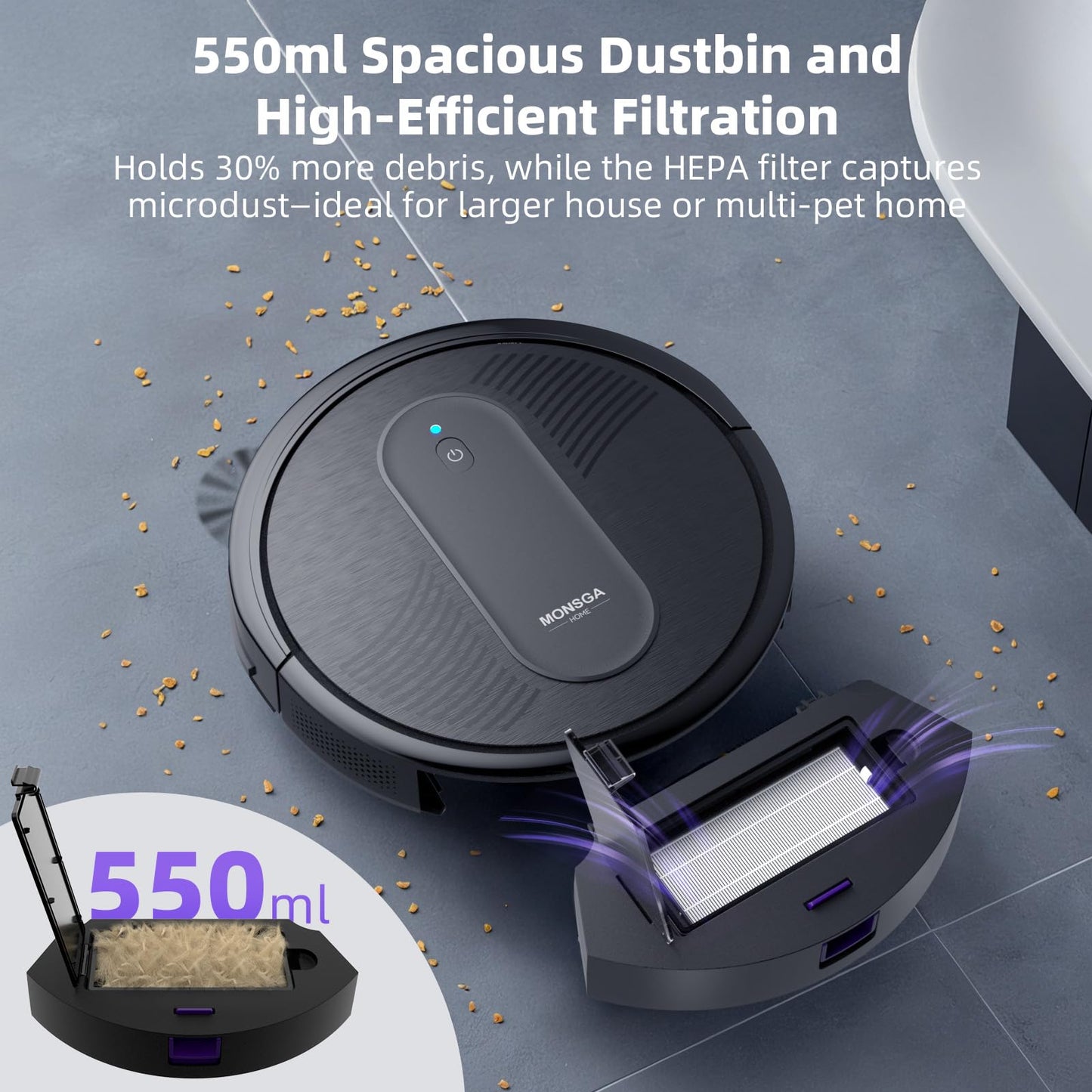 MONSGA Robot Vacuum Cleaner, 3000Pa Powerful Suction Robotic Vacuum, 3.2" Super-Slim, 140Min Runtime, Vacuum Robot for Hard Floor/Low Pile Carpet/Pet Hair, Remote/App/Voice Control, Schedule Clean