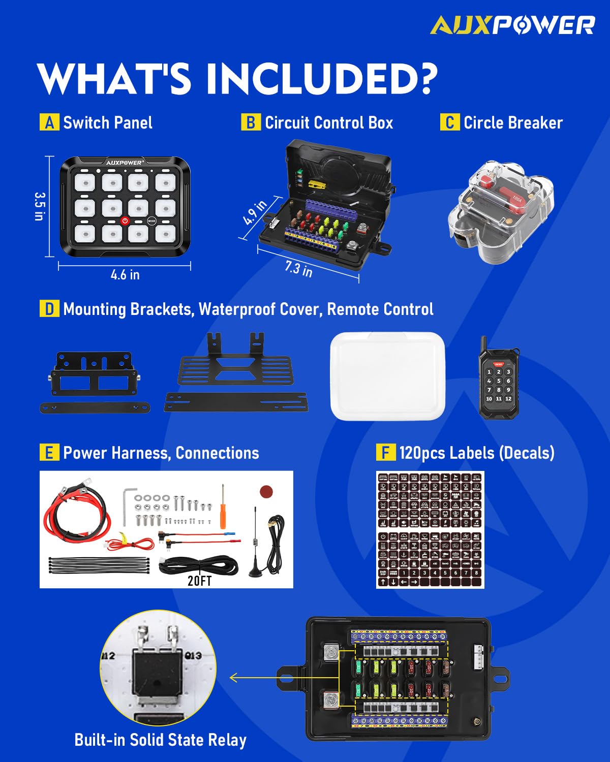 Auxpower 12 Gang Switch Panel B412 RGB Switch Panel with Wireless Remote Control Toggle Momentary Pulsed Remote Switch Panel 12V Automatic Dimmable Waterproof Switch Panel for Truck Car Marine Offroad