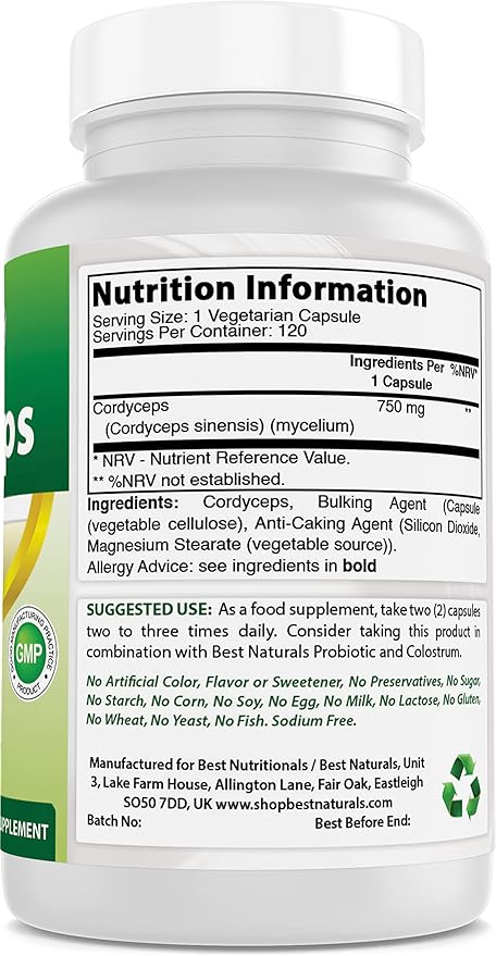 Best Naturals Cordyceps Sinensis Mycelium Mushroom Powder 750 mg 120 Veggie Capsules