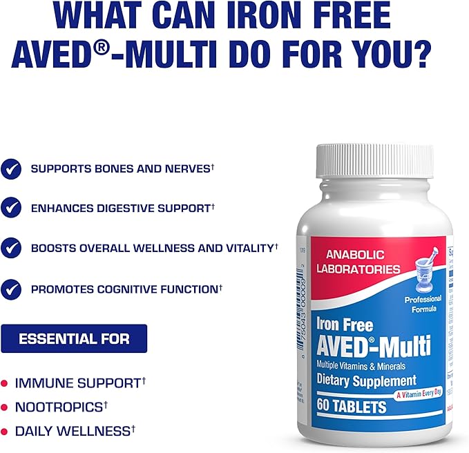 Iron Free Daily Multivitamin for Men and Women, 60 Tablets - AVED Daily Multi Vitamin and Minerals Health Supplement - Vitamins A, C, D, E, Vitamin B Complex, Zinc, Calcium, Magnesium, More