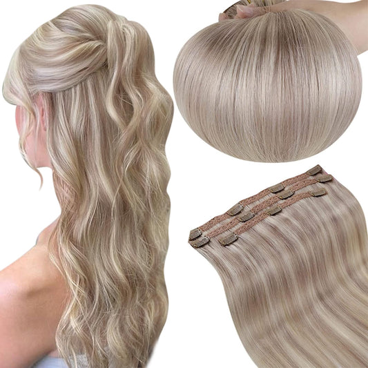 Runature Human Hair Clip In Extensions 16 Inch Clip In Hair Extensions Real Hair Grey Blonde Highlight Platinum Blonde Clip In H
