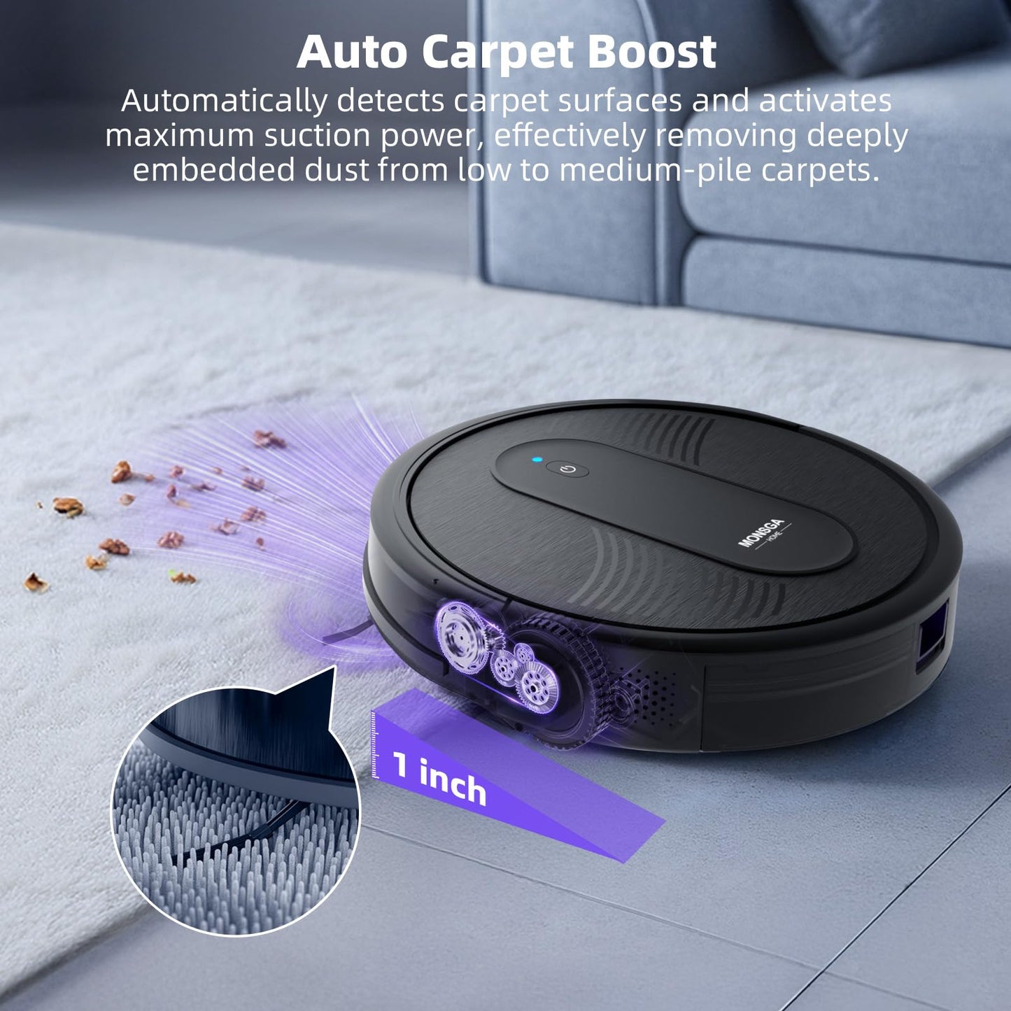 MONSGA Robot Vacuum Cleaner, 3000Pa Powerful Suction Robotic Vacuum, 3.2" Super-Slim, 140Min Runtime, Vacuum Robot for Hard Floor/Low Pile Carpet/Pet Hair, Remote/App/Voice Control, Schedule Clean