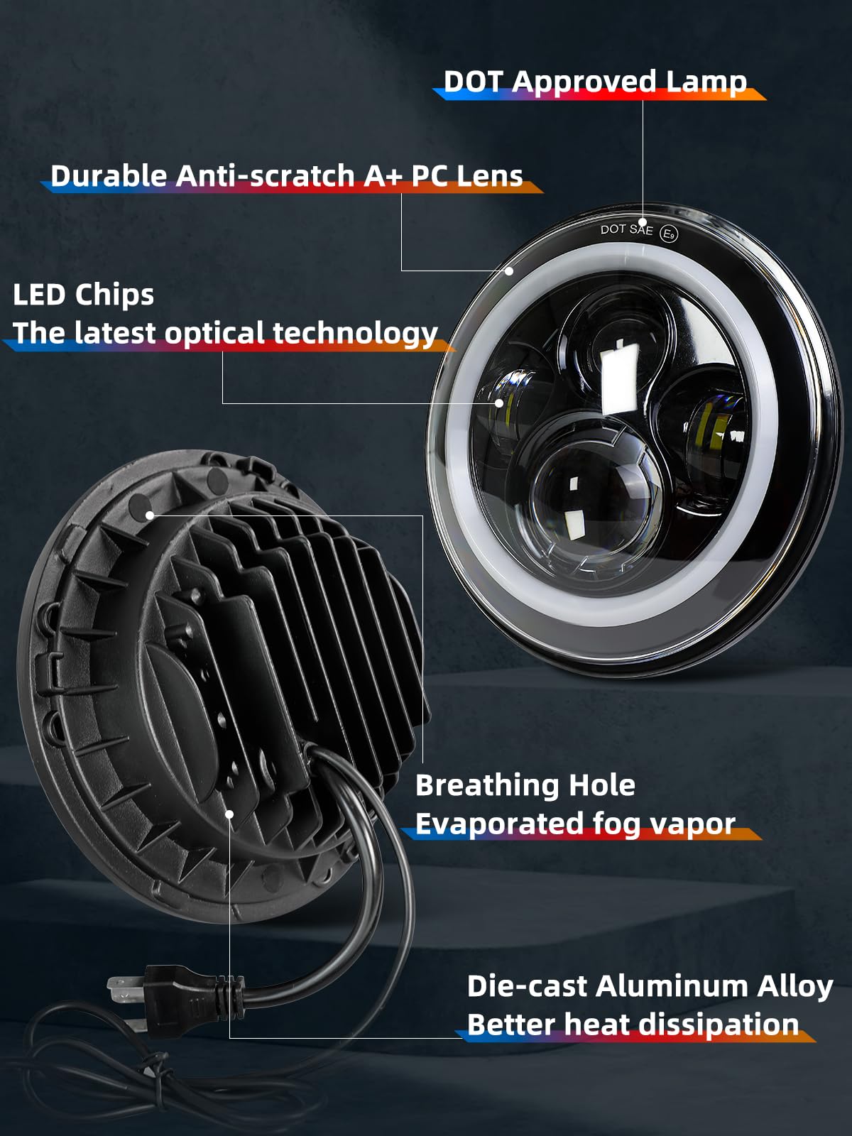 VI9000 7 inch Led Headlights Round with White DRL RGB Halo Turn Signal DOT Approved H6024 Led Headlights Compatible with Jeep Wrangler JK TJ CJ & Miata & Chevy S3 & Hummer H1, Plug and Play (Pair)