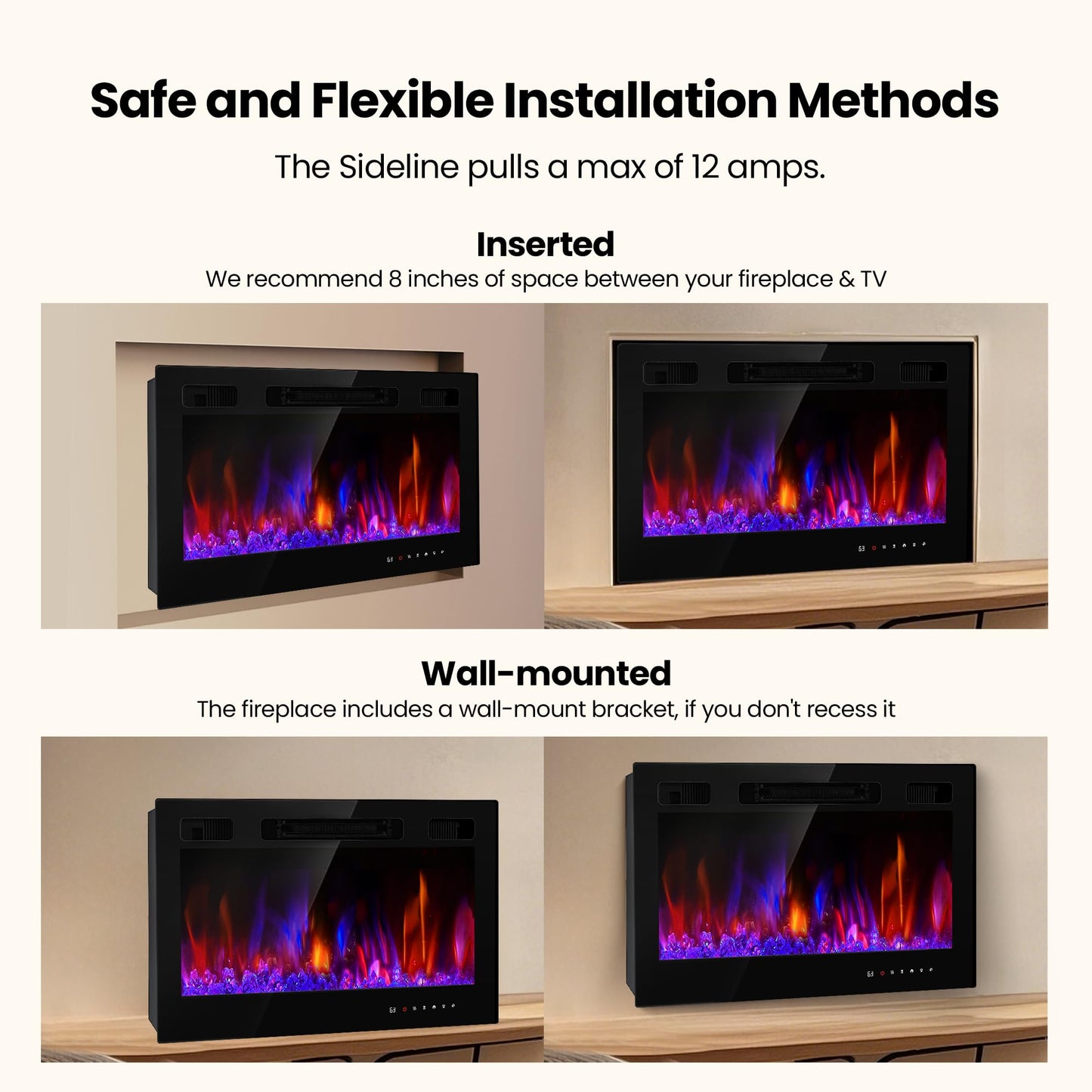 Electric Fireplace Insert 36" Realsmart 1500W Wall Mounted Fireplaces Recessed Heaters Remote Control Slim Black Fireplace Touch Screen Timer 12 Flame Colors LED Decor Low Noise