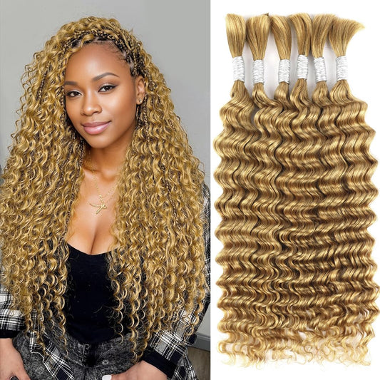 Blonde Human Braiding Hair for Boho Braids 16 Inch 6 Bundles Human Hair Braiding Hair Deep Wave Bulk Human Hair for Braiding No Weft Curly Human Hair Brading Hair Extensions 150g 27#