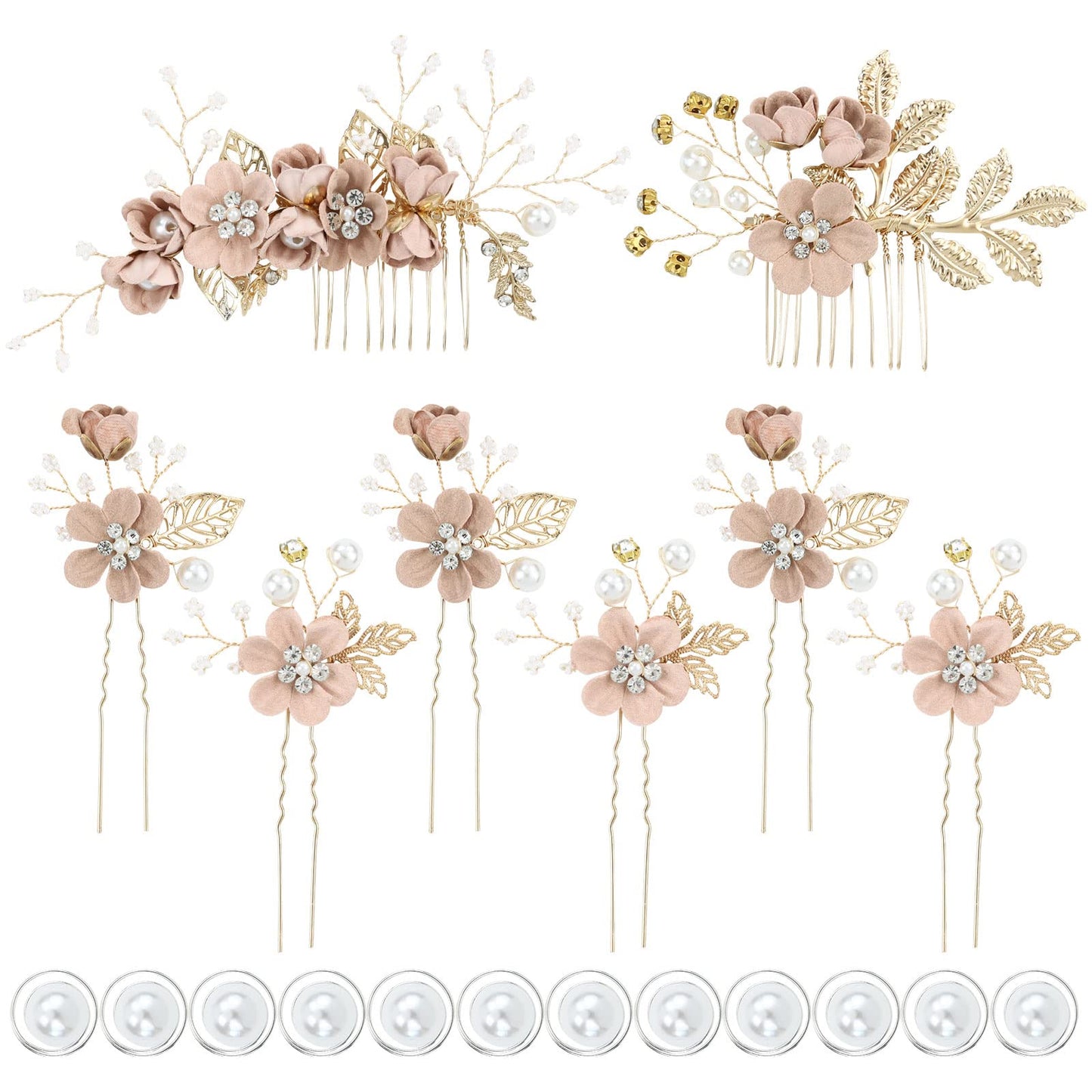 inSowni 20 Pack White Dusty Pink Blue Flower Bridal Wedding Hair Side Combs+Flower Hair Pins+Twist Spiral Pearl Hair Pins Floral Hair Pieces Headpieces Accessories for Brides Bridesmaids Women Girls