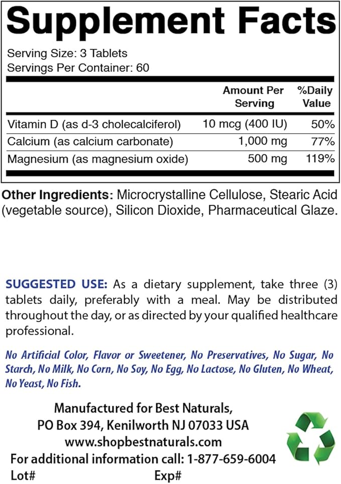 Best Naturals Calcium Magnesium with Vitamin D3 1500mg & Vitamin D3 10000 IU