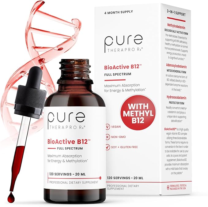 BioActive B12 Full Spectrum Vegan Methylated Vitamin B12 Sublingual Liquid Methylcobalamin, Hydroxocobalamin & Adenosylcobalamin 1,000 mcg per Drop (5 Drops = 5,000mcg / 4 Month Supply) 20 ml