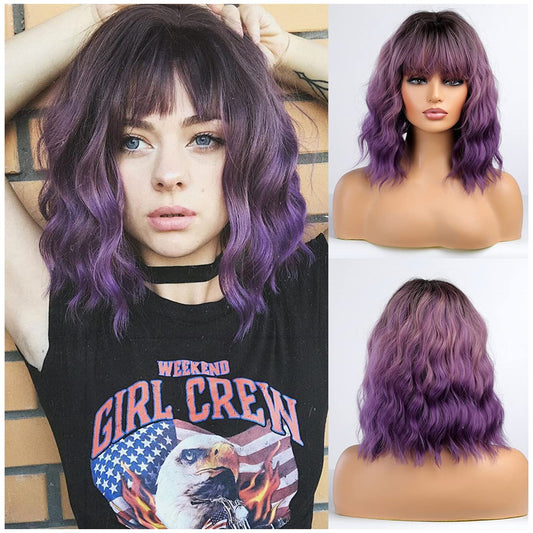 BERON Ombre Purple Short Wigs Curly Bob Wig with Bangs Ombre Color Wavy Hair Wigs Women's Synthetic Wigs Daily Party Use