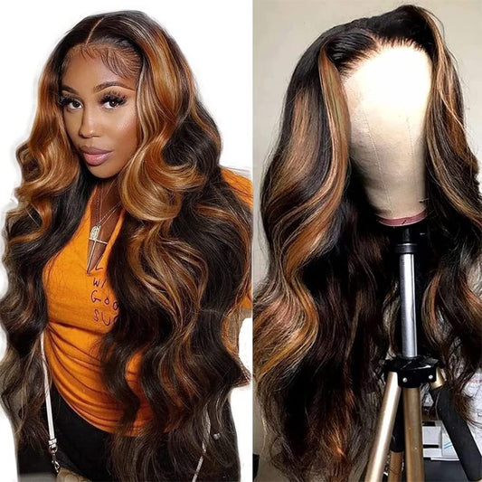 28Inch Ombre Highlight Lace Front Wigs Human Hair Body Wave Colored 1B/30 Brown Lace Frontal Wigs For Women Pre Plucked With Bab