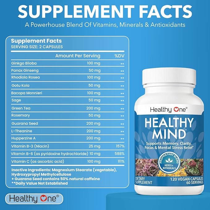 Healthy Mind - Safe for Teens - Brain Fog - Cognitive Function - Concentration - Focus - Neural Optimization - Mood - Ginkgo Biloba - Ginseng - Rhodiola - Bacopa - Gotu Kola - Green Tea - 60 Count