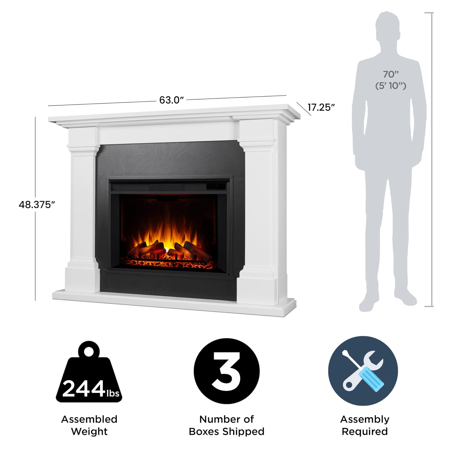 Real Flame Callaway 63" Grand Electric Fireplace with Mantel in White, Free-Standing Oversized Indoor Electric Fireplace with Mantel, Adjustable Thermostat, Automatic Safety Shut-Off