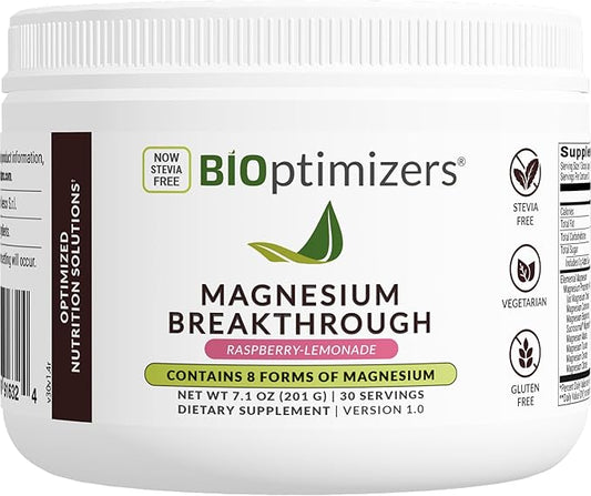 BIOptimizers Magnesium Breakthrough Drink Raspberry Lemonade - 8 Forms of Magnesium: Glycinate, Malate, Citrate, and More - Natural Sleep and Brain Supplement – 6 oz (30 Servings)
