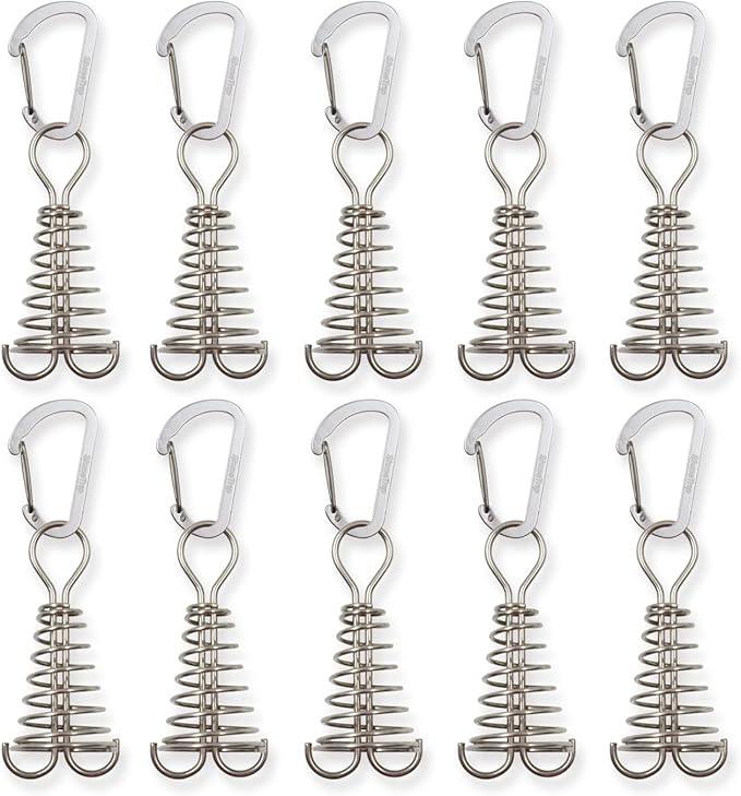 10Pcs Deck Anchor Pegs with Carabiner Clips & Spring Buckle, Stainless Steel Tent Rope Tightener, Deck Plank Board Tent Stakes, Cord Adjuster Tensioner for Camping Hiking Tent Accessories(Silver)