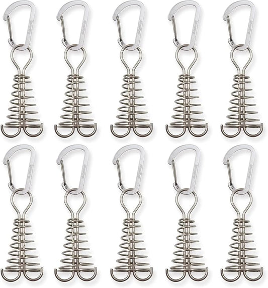 10Pcs Deck Anchor Pegs with Carabiner Clips & Spring Buckle, Stainless Steel Tent Rope Tightener, Deck Plank Board Tent Stakes, Cord Adjuster Tensioner for Camping Hiking Tent Accessories(Silver)