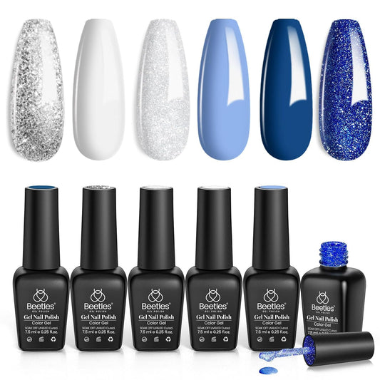 Beetles Gel Nail Polish Set, White Glitter Navy Blue Silver 6 Colors Gel Polish Gel Nail Polish Soak off UV LED Lamp for Women Gel Nail Polish Colors