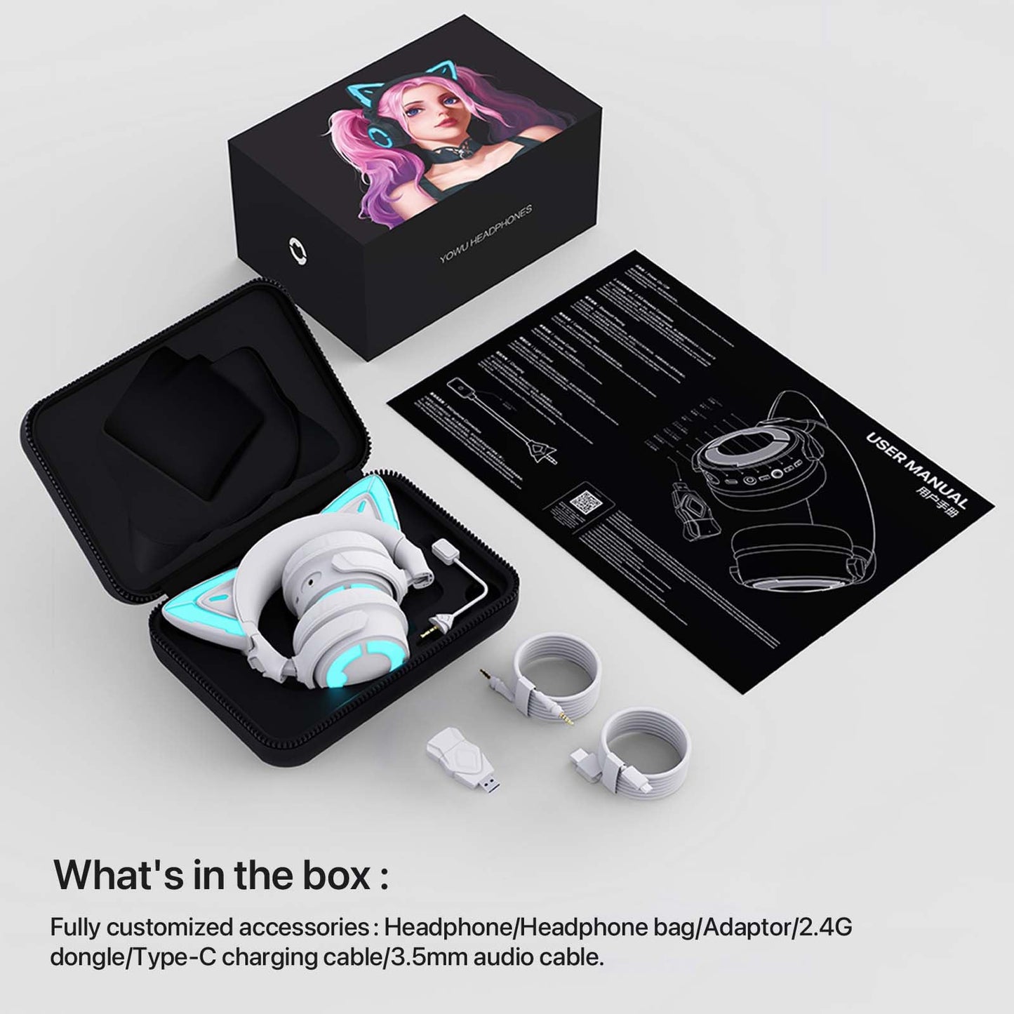 YOWU Cat Ear Headphones 4GS -Wireless Bluetooth Noise Cancelling Headphones, RGB Gaming Headset with Mic & 2.4G USB/Type C Dongle for PC/PS4/PS5/XBOX/Switch