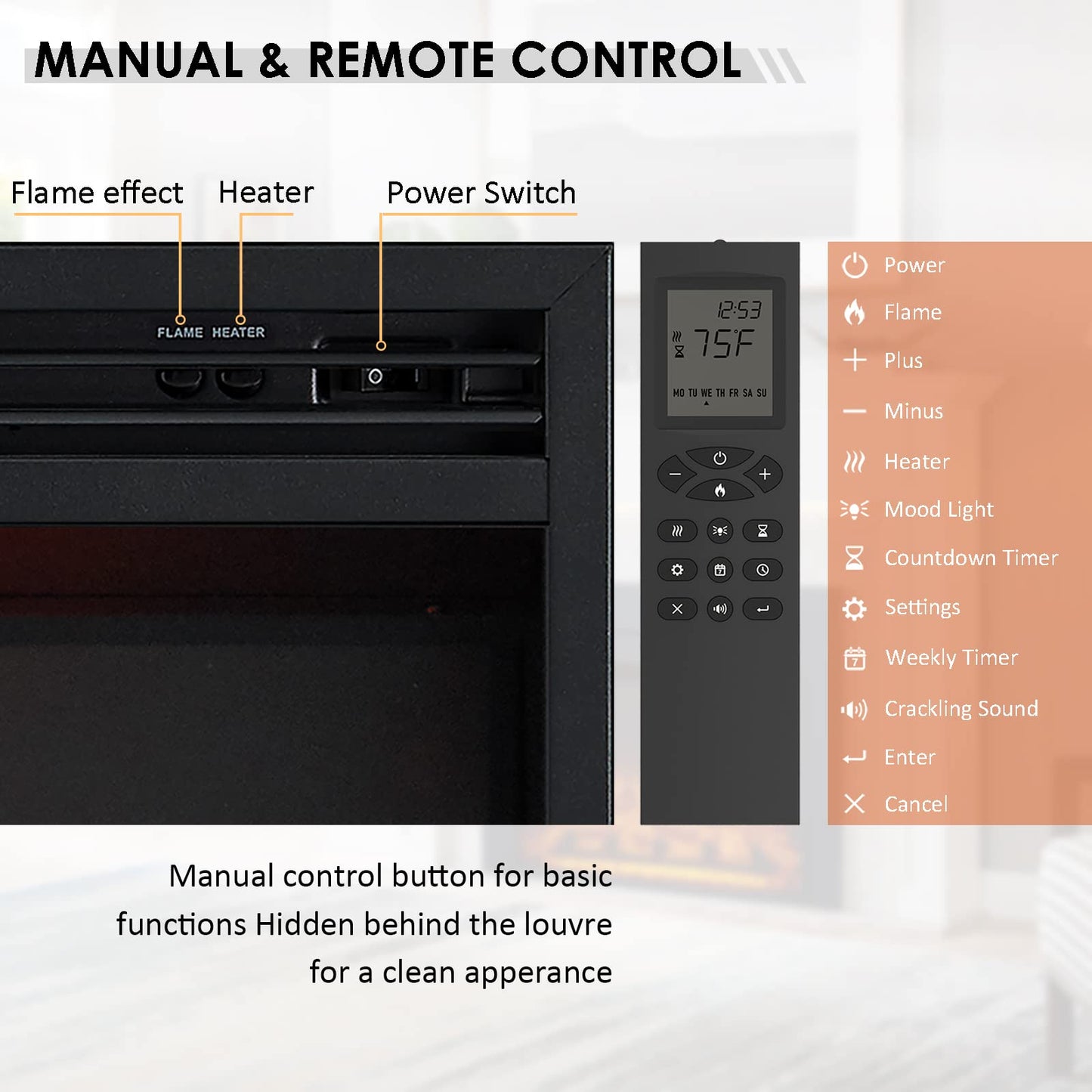 LegendFlame® Ashley Electric Fireplace with 60" Mantel Surround and Jaden 36" Insert, Cream White with Light Grey Marble Finish