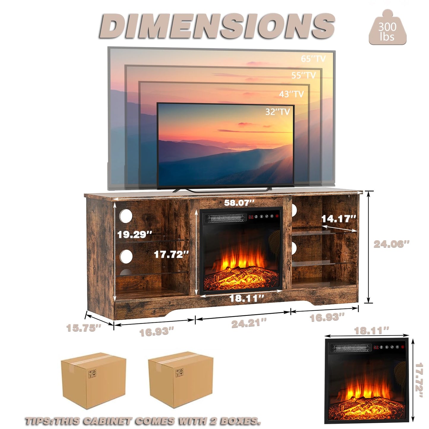 LEMBERI 58 Inches Fireplace TV Stand for TVs up to 65 Inches Console with 18'' Electric Fireplace & Remote, Wooden Modern Entertainment Center for Living Room with LED Light Glass Shelves (Brown)