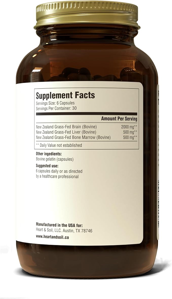 HEART & SOIL Grass Fed Beef Brain Supplement – 3000mg Brain Supplements for Memory and Focus with DHA, EPA, Choline, B12, Folate, Riboflavin, Selenium & Copper - Non-GMO, Allergen-Free - 180 Capsules