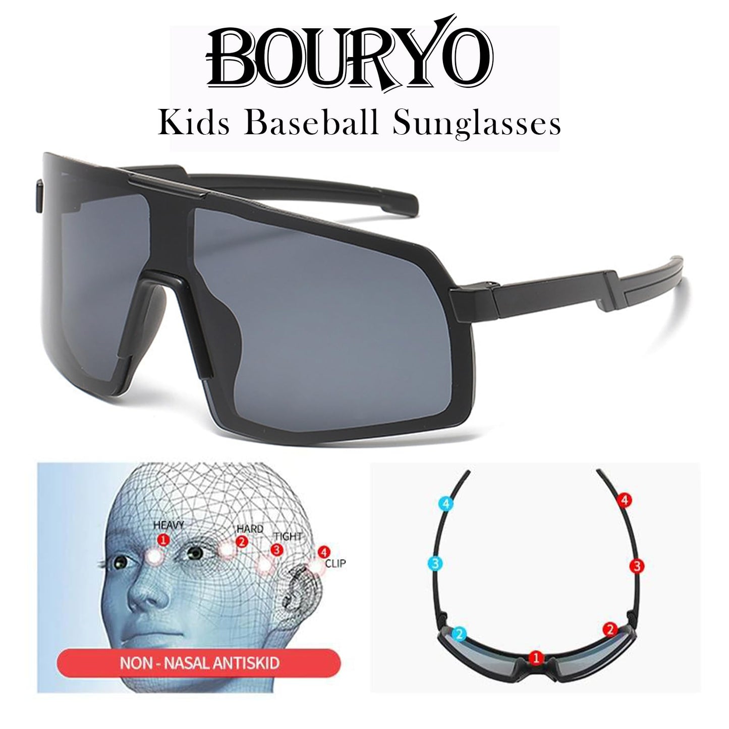 Bouryo Kids Baseball Sunglasses Lightweight Youth Baseball Sun Glasses UV400 Sports Cycling Shades for Boys Girls Toddler Age 3-13