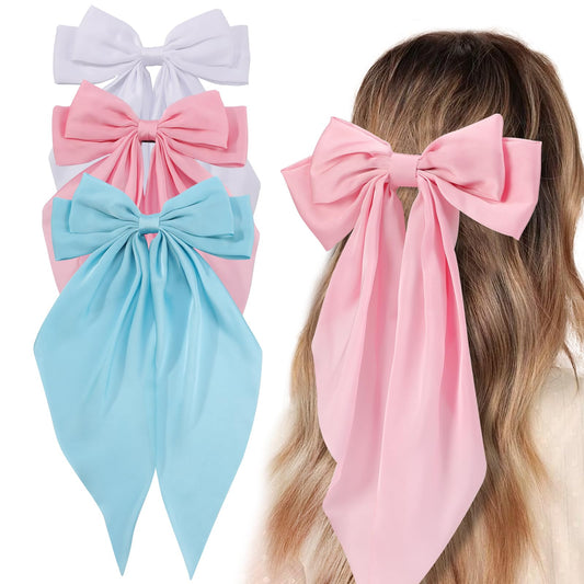 3 PCS Hair Bows for Women, Big Bow Hair Clips for Girls, Silky Satin Hair Bows Clips Oversized Long Tail, Large Hair Barrettes Cute Aesthetic Hair Accessories, Metal Bow Hair Clips Light Blue