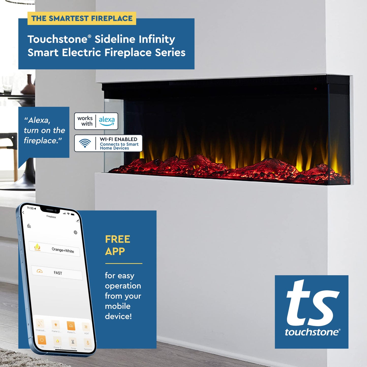 Touchstone Sideline Infinity 3-Sided Smart 72" WiFi-Enabled Electric Fireplace - 80051 - Built-in - 60 Color Combinations - 1,500W Heater- Black - Log & Crystals