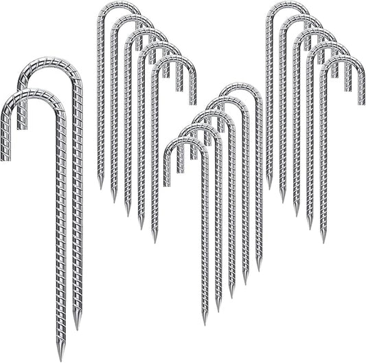Rebar Stakes 16 Inch 17 Pack Tent Stakes Heavy Duty Metal J Hook, Fence Stakes for Trampoline, Fence, Camping Tent (17, J-16 x2/5")