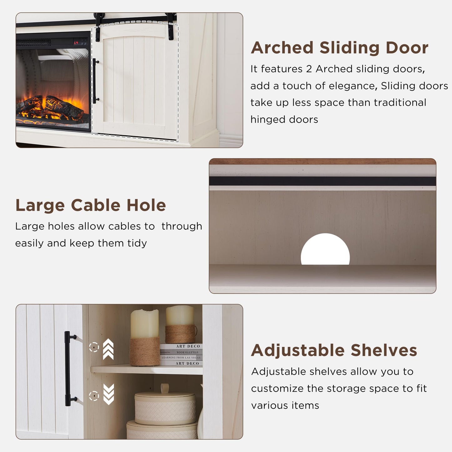 OKD Farmhouse Fireplace TV Stand for 70+ Inch TV, 33" Tall Highboy Entertainment Center w/Electric Fireplace, Rustic Media Console w/Sliding Arched Door for Living Room,Antique White