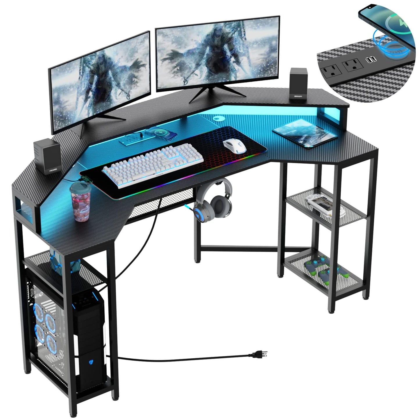Gyfimoie Gaming Desk with Power Outlets & LED Lights, 63" Wing-Shaped Computer Desk with Full Monitor Stand,Wireless Charging,Shelves,RGB Mouse Pad, Studio Desk Corner Desk with Headphone Hook (Black)