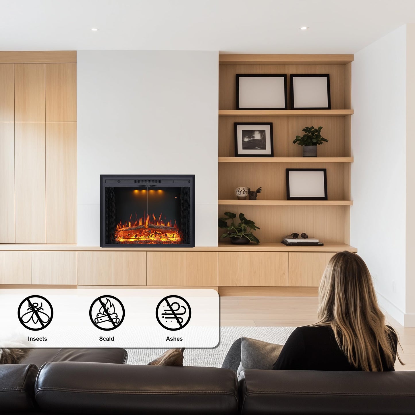 Valuxhome 35.63” W 27.5" H Electric Fireplace Insert with Low/High Temperature Settings, Movable Mesh Screen and Glass Door, 1-9H Timer, Remote and Panel Control